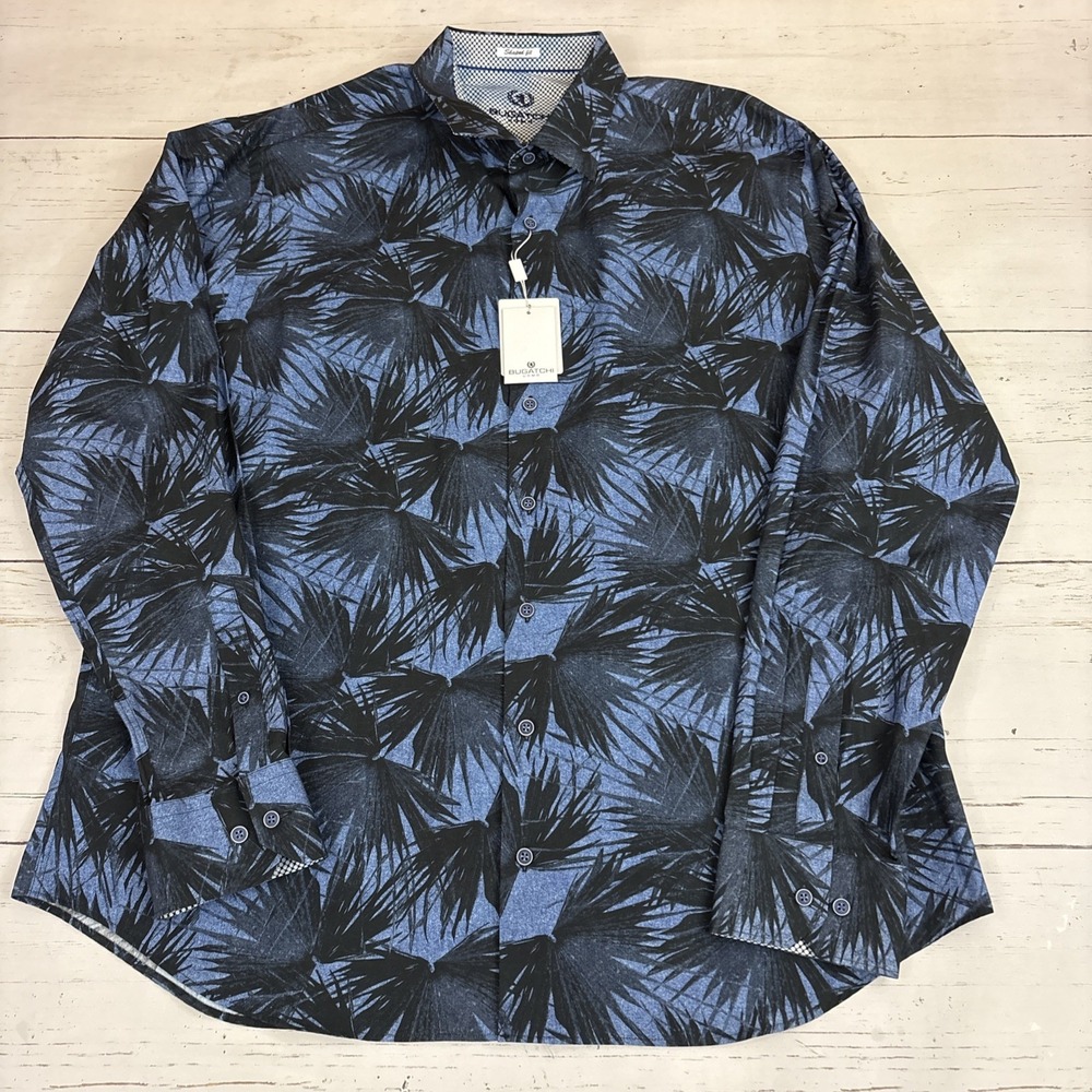 Bugatchi Uomo Shirt Mens Shaped Fit  2XL Blue Cotton Long Sleeve Button-Up NWT